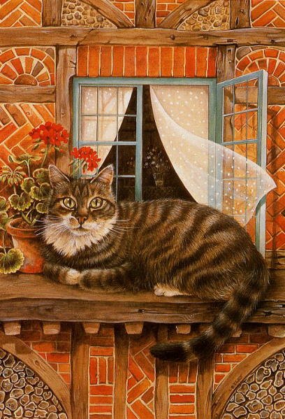 Painting of cat in the window. The Cat of the House